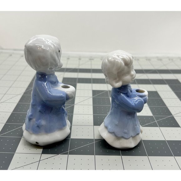 Set of Glazed Ceramic Girl and Boy Blue White Caroler Candle Holders - Picture 2 of 6